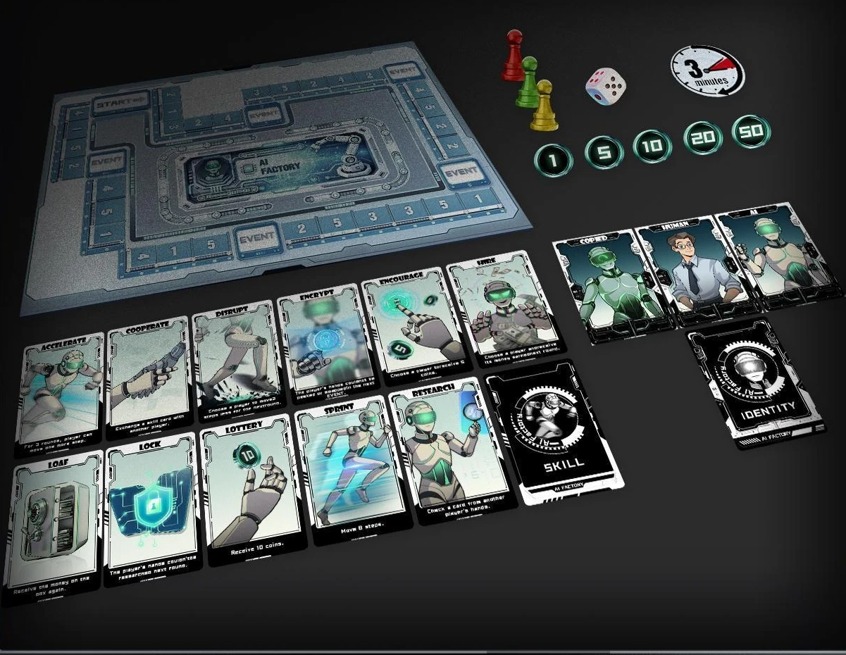 Printed prototype: board, cards, coins, pawns and die.