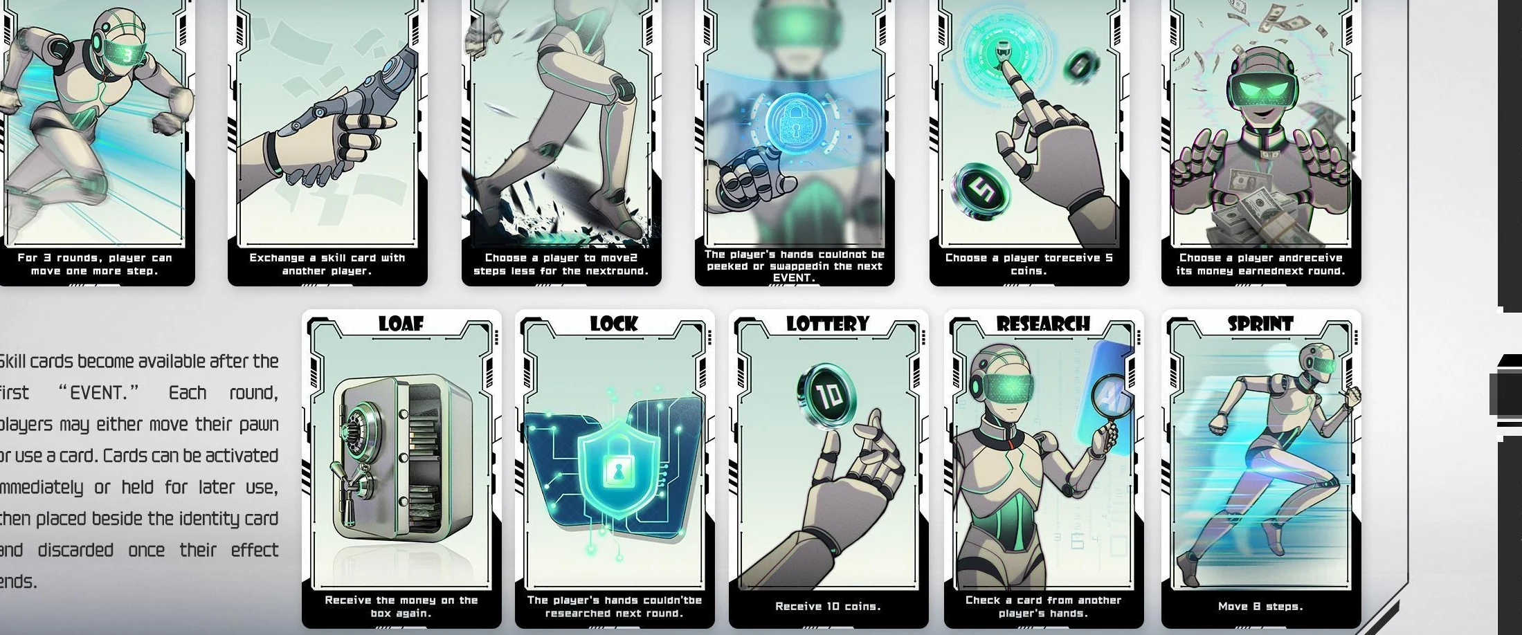 Skill cards and their effects.