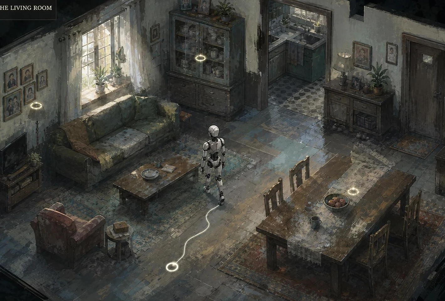 Concept art: the living room and domestic task markers.